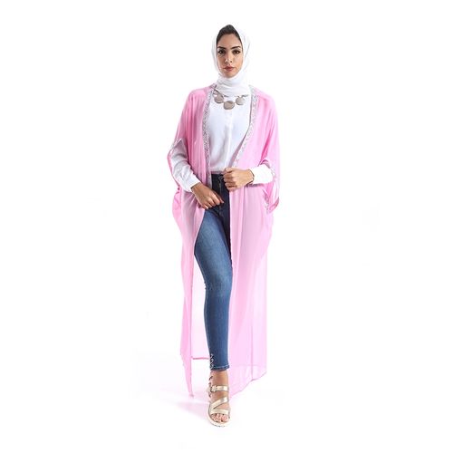 stylish Embroidered chiffon Abaya kaftan-Pink
