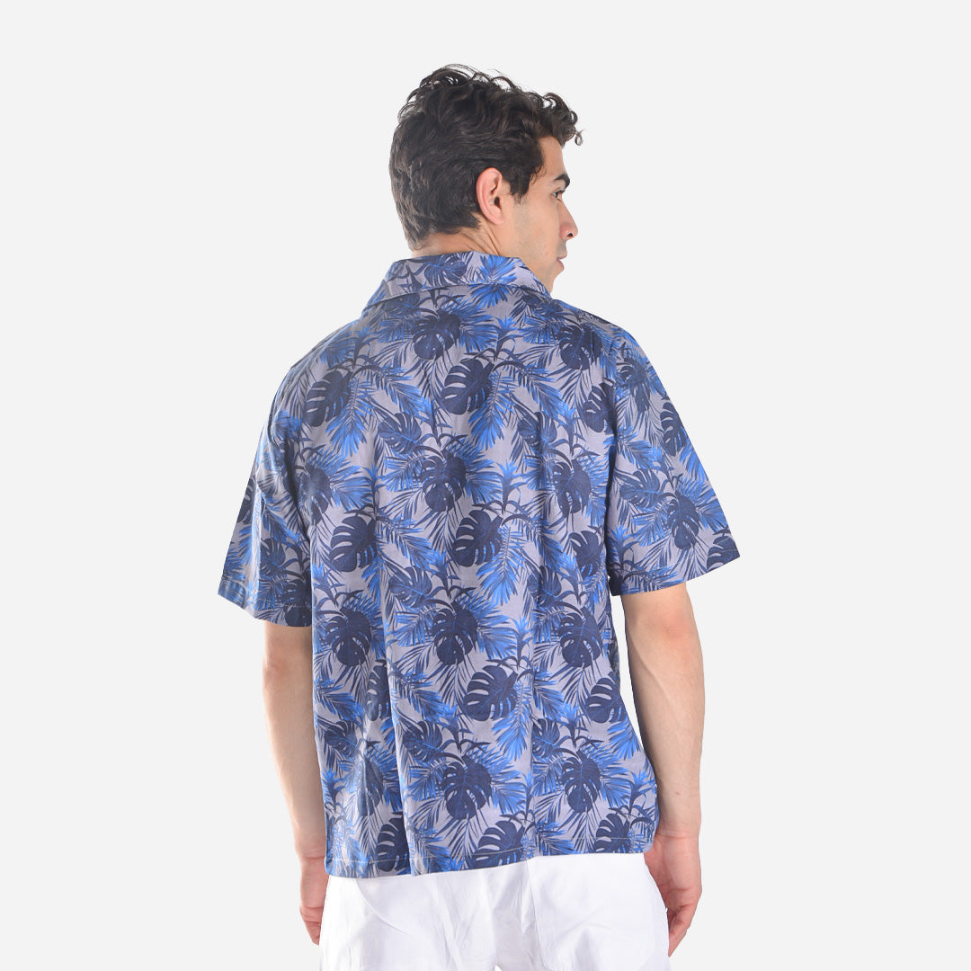 Cotton printed Hawaii shirt- blue leaves