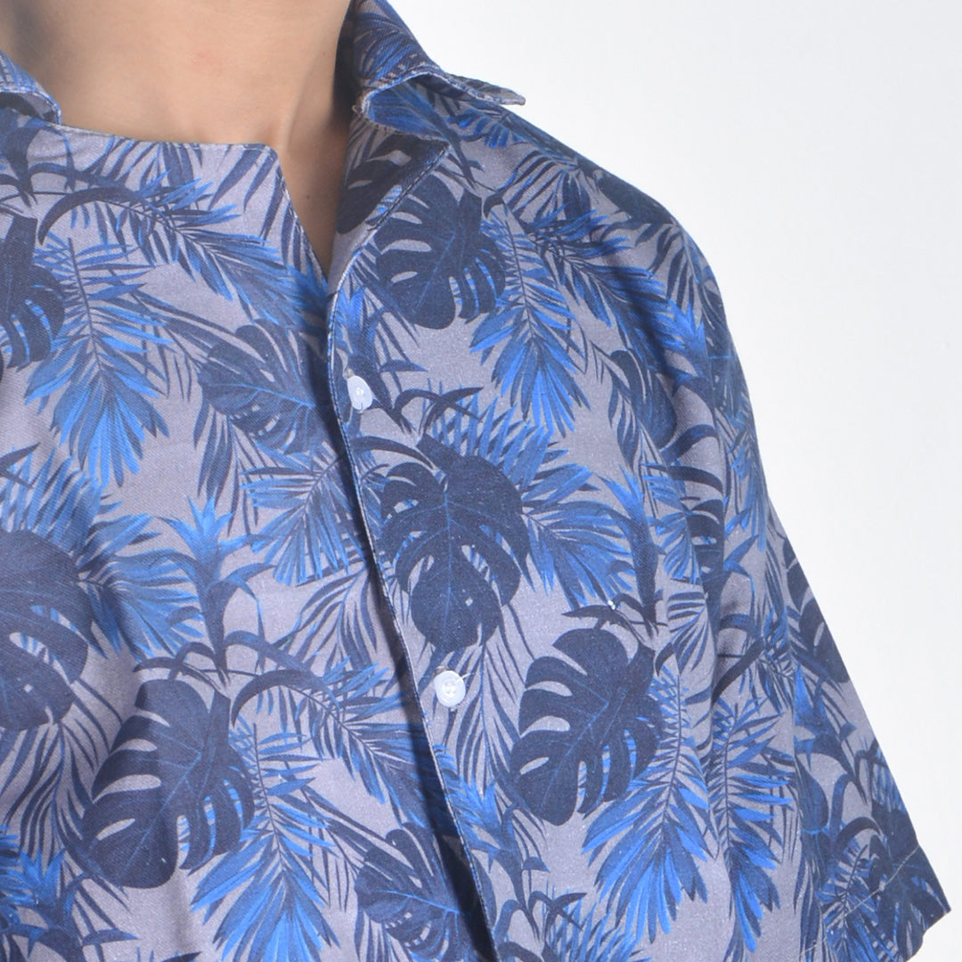 Cotton printed Hawaii shirt- blue leaves