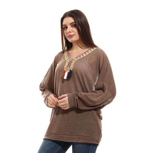 knitted Arabian style aplique sweatshirt-brown