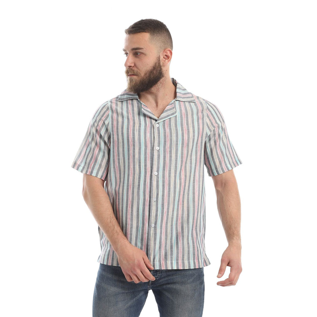 Hawaii Linen Short Sleeved striped Shirts- Navy, Off white - Champsland
