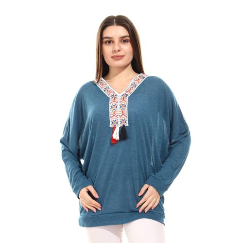 knitted Arabian style aplique sweatshirt-blue